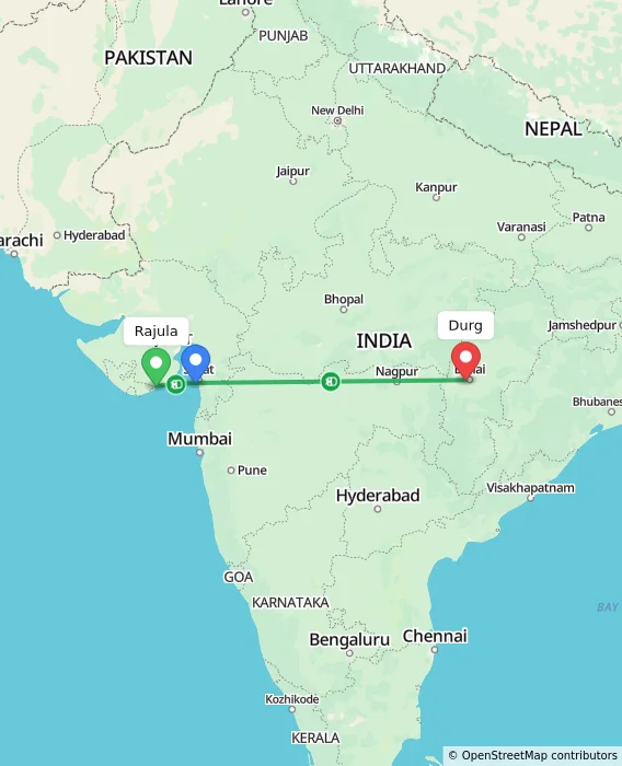 Route map showing distance and travel time from Rajula, India to Durg, India
