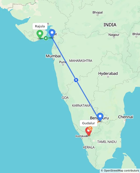 Route map showing distance and travel time from Rajula, India to Gudalur, India