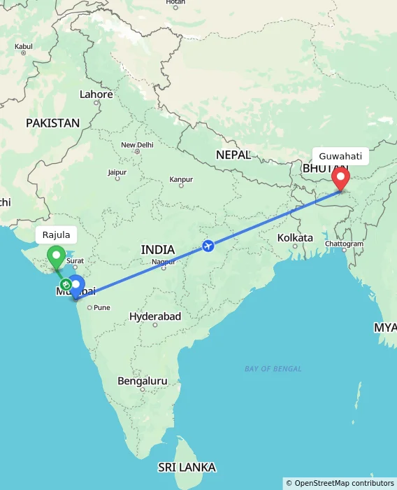 Route map showing distance and travel time from Rajula, India to Guwahati, India