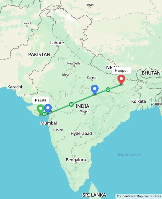 Route map showing distance and travel time from Rajula, India to Hajipur, India
