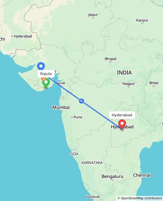 Route map showing distance and travel time from Rajula, India to Hyderabad, India