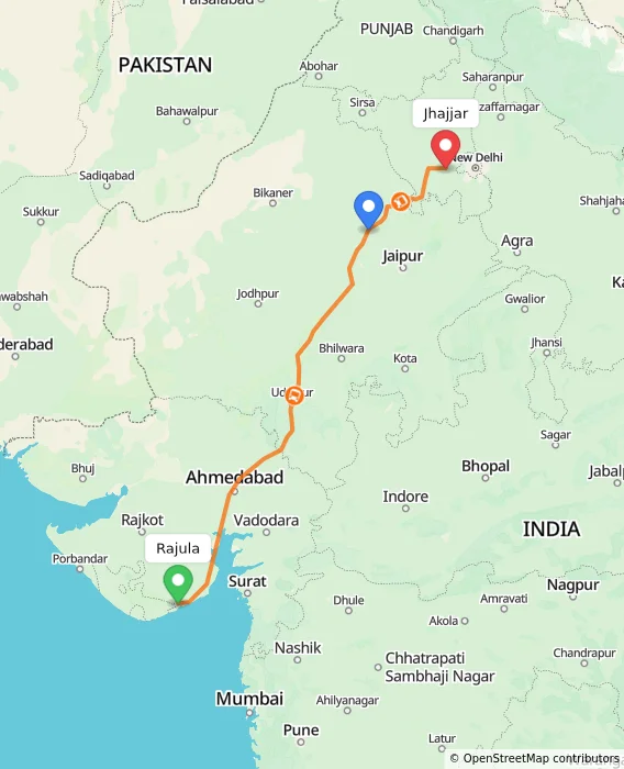 Route map showing distance and travel time from Rajula, India to Jhajjar, India