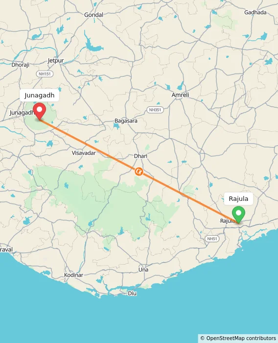 Route map showing distance and travel time from Rajula, India to Junagadh, India