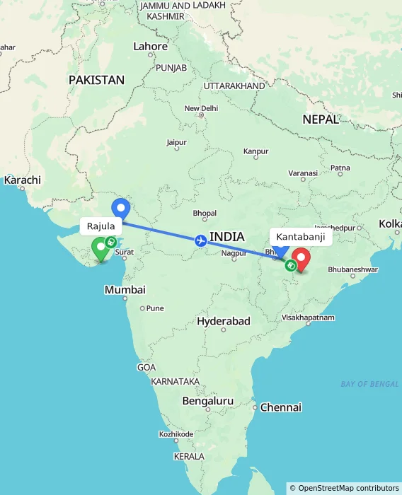 Route map showing distance and travel time from Rajula, India to Kantabanji, India
