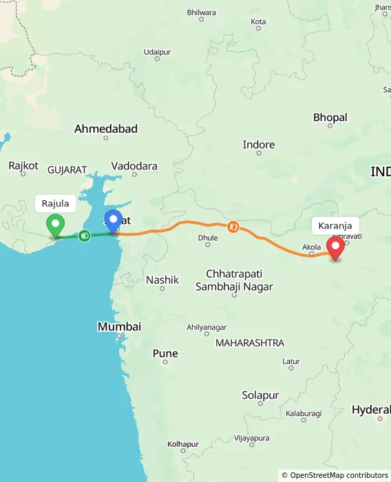 Route map showing distance and travel time from Rajula, India to Karanja, India