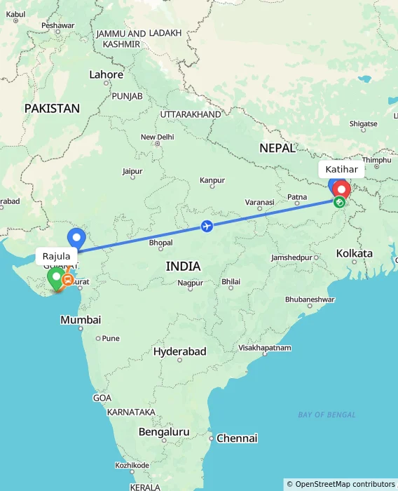 Route map showing distance and travel time from Rajula, India to Katihar, India