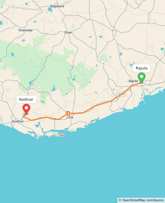 Route map showing distance and travel time from Rajula, India to Kodinar, India