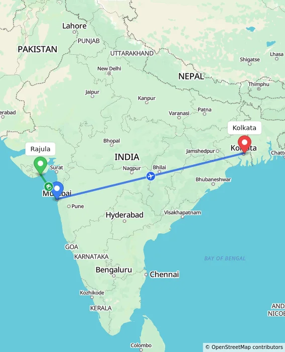 Route map showing distance and travel time from Rajula, India to Kolkata, India