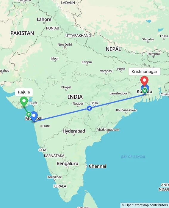 Route map showing distance and travel time from Rajula, India to Krishnanagar, India