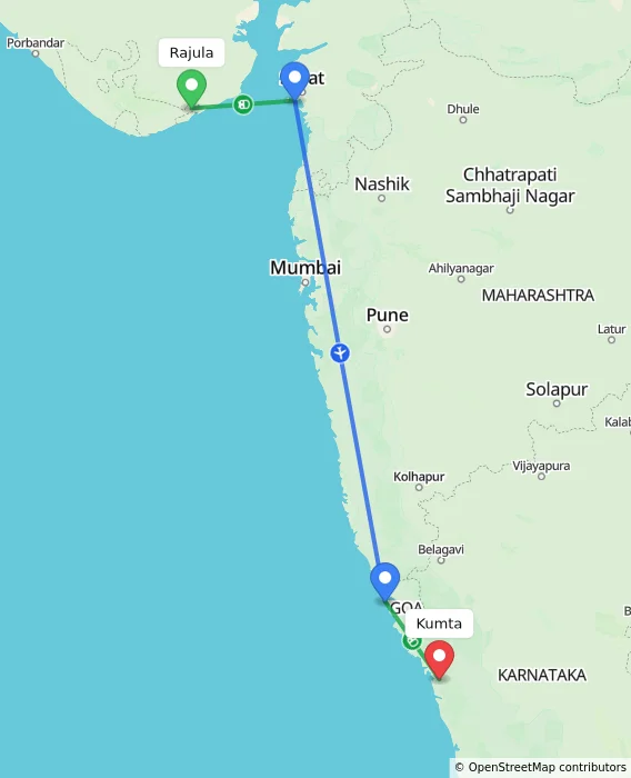 Route map showing distance and travel time from Rajula, India to Kumta, India