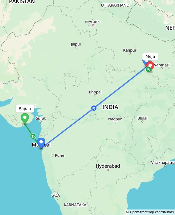 Route map showing distance and travel time from Rajula, India to Meja, India