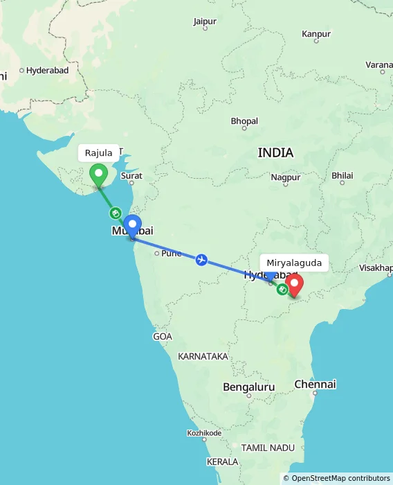 Route map showing distance and travel time from Rajula, India to Miryalaguda, India