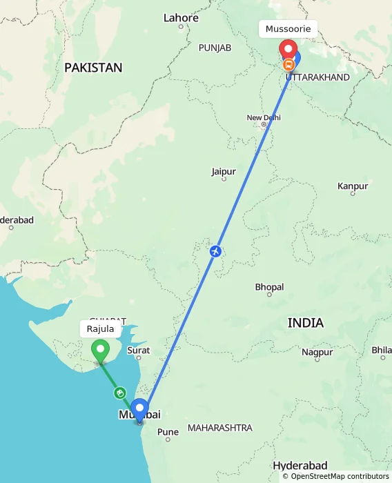 Route map showing distance and travel time from Rajula, India to Mussoorie, India