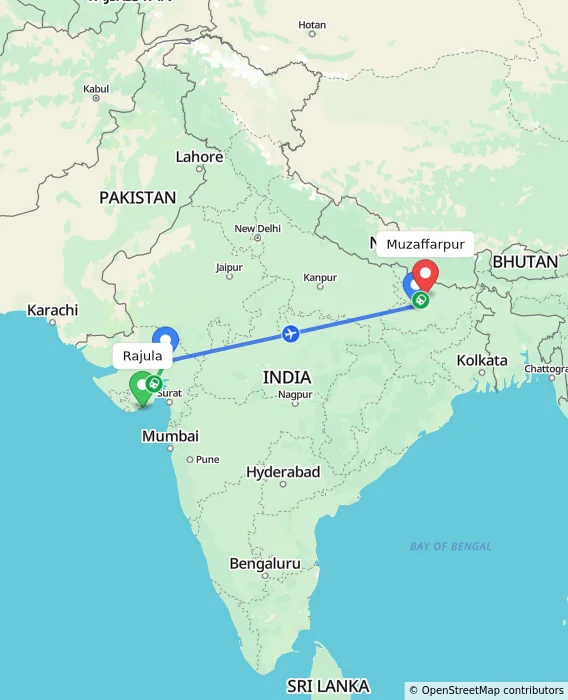 Route map showing distance and travel time from Rajula, India to Muzaffarpur, India