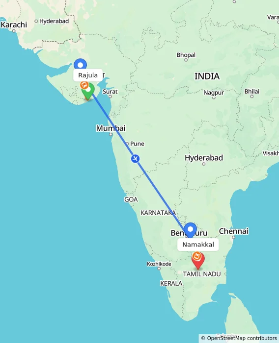 Route map showing distance and travel time from Rajula, India to Namakkal, India