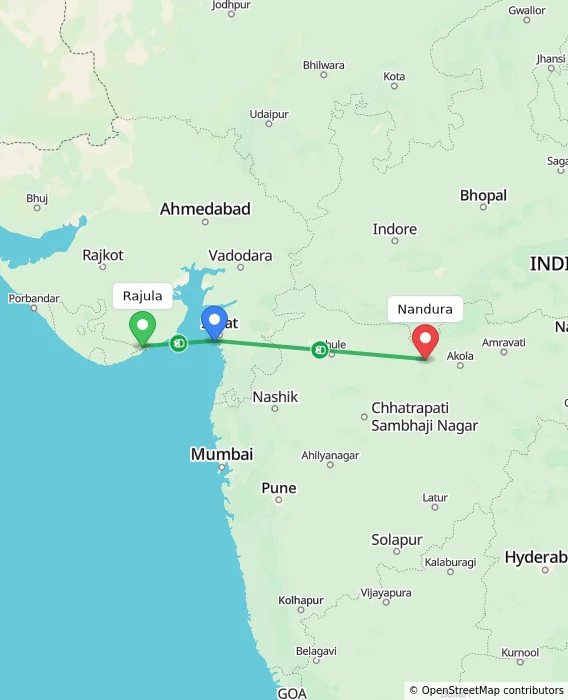 Route map showing distance and travel time from Rajula, India to Nandura, India