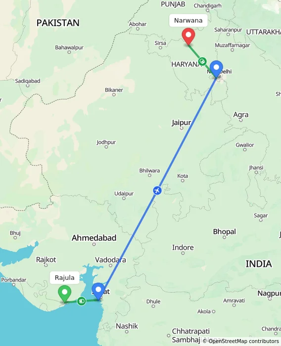 Route map showing distance and travel time from Rajula, India to Narwana, India