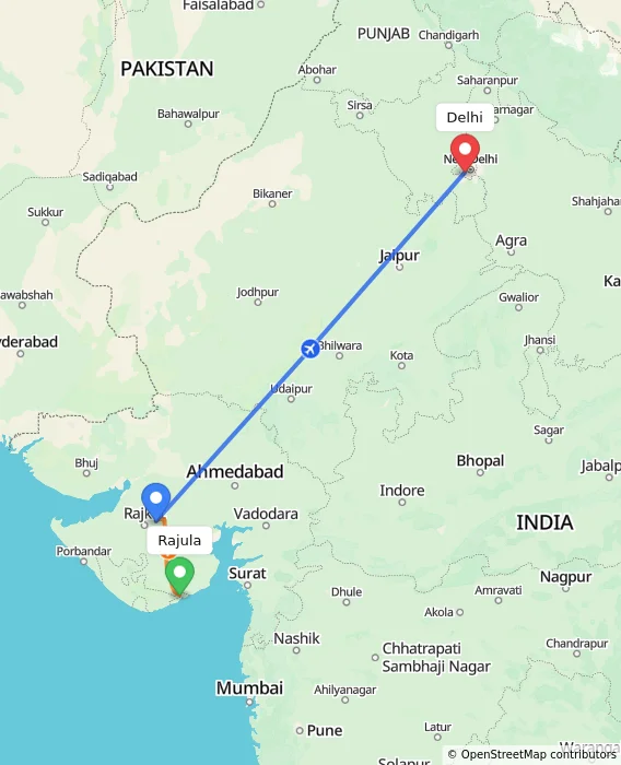 Route map showing distance and travel time from Rajula, India to Delhi, India