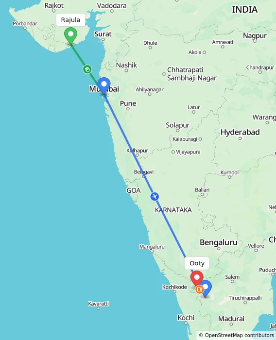 Route map showing distance and travel time from Rajula, India to Ooty, India