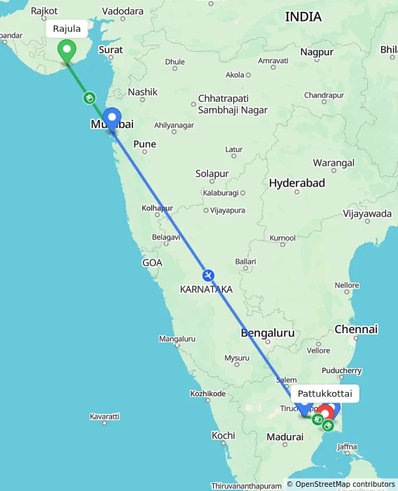 Route map showing distance and travel time from Rajula, India to Pattukkottai, India