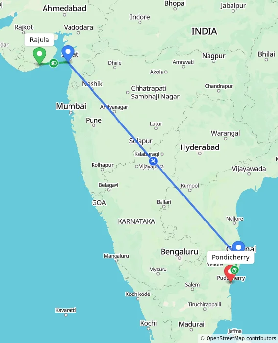 Route map showing distance and travel time from Rajula, India to Pondicherry, India