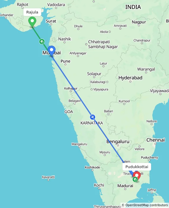 Route map showing distance and travel time from Rajula, India to Pudukkottai, India