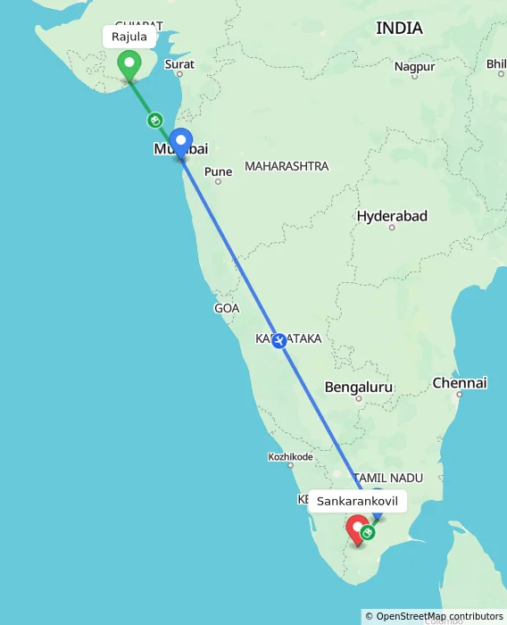 Route map showing distance and travel time from Rajula, India to Sankarankovil, India