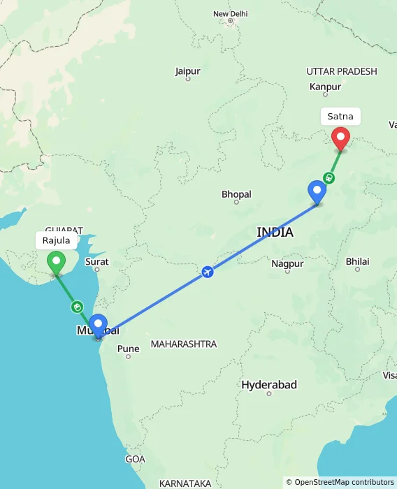 Route map showing distance and travel time from Rajula, India to Satna, India