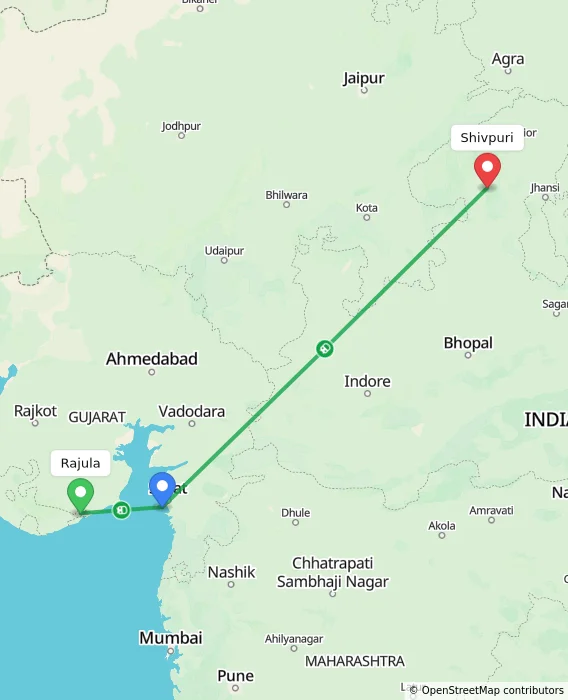 Route map showing distance and travel time from Rajula, India to Shivpuri, India