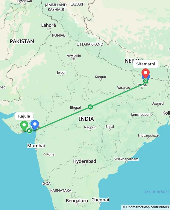Route map showing distance and travel time from Rajula, India to Sitamarhi, India
