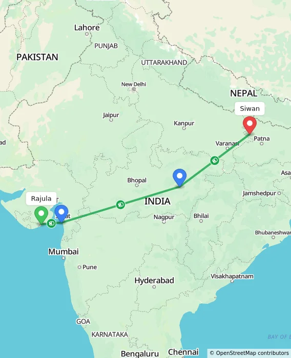Route map showing distance and travel time from Rajula, India to Siwan, India