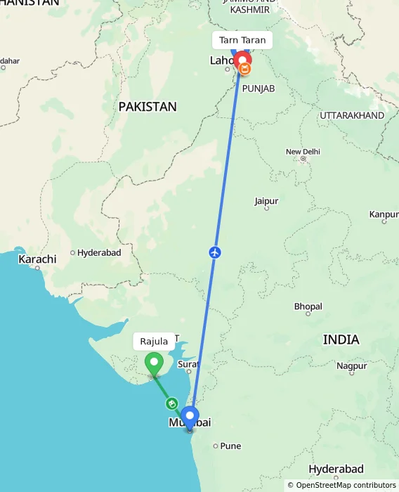 Route map showing distance and travel time from Rajula, India to Tarn Taran, India
