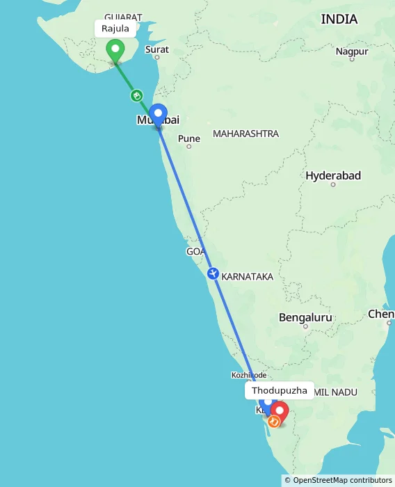 Route map showing distance and travel time from Rajula, India to Thodupuzha, India