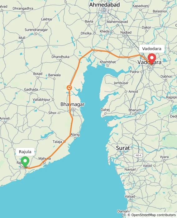 Route map showing distance and travel time from Rajula, India to Vadodara, India