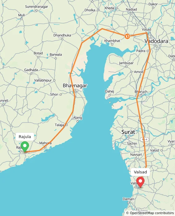 Route map showing distance and travel time from Rajula, India to Valsad, India
