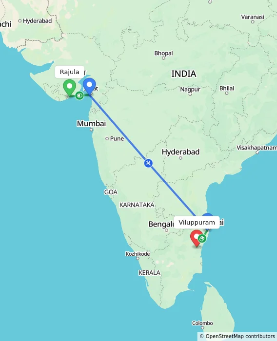 Route map showing distance and travel time from Rajula, India to Viluppuram, India