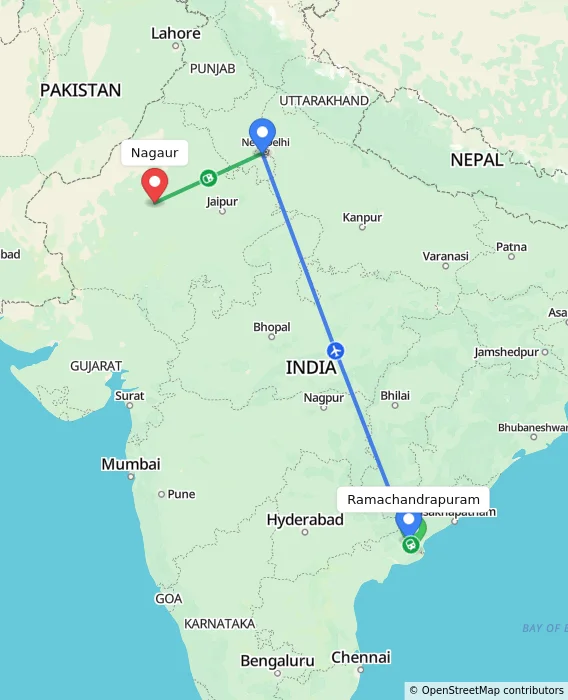 Route map showing distance and travel time from Ramachandrapuram, India to Nagaur, India