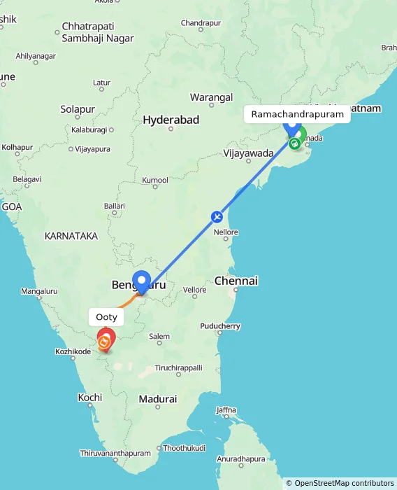 Route map showing distance and travel time from Ramachandrapuram, India to Ooty, India