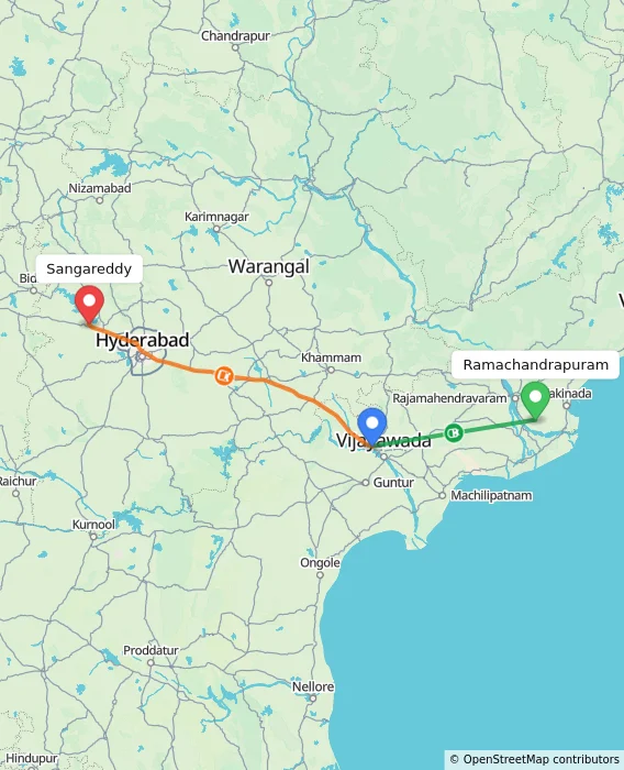Route map showing distance and travel time from Ramachandrapuram, India to Sangareddy, India