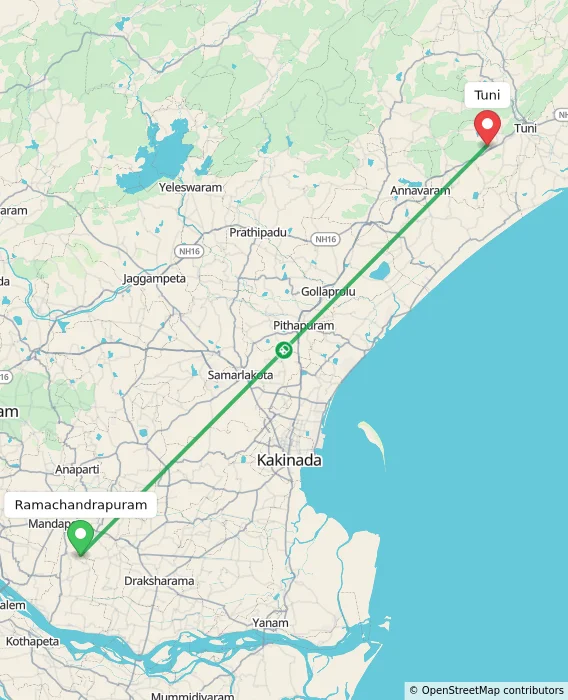 Route map showing distance and travel time from Ramachandrapuram, India to Tuni, India