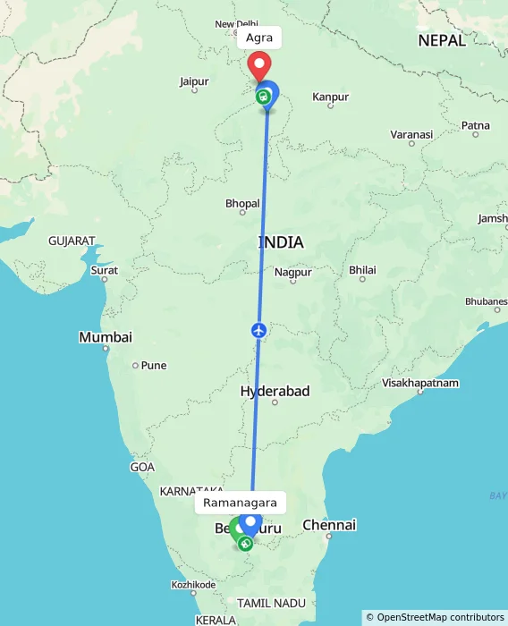 Route map showing distance and travel time from Ramanagara, India to Agra, India