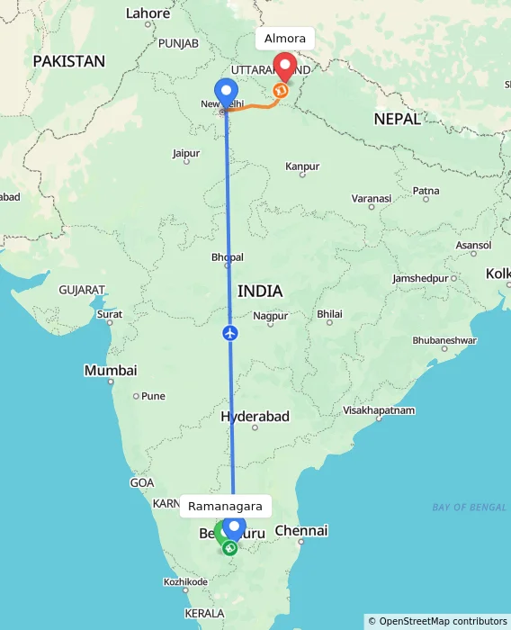 Route map showing distance and travel time from Ramanagara, India to Almora, India
