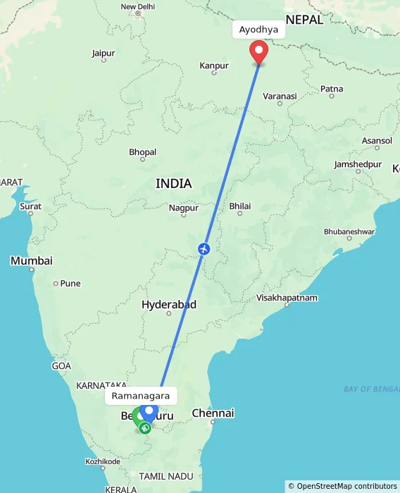Route map showing distance and travel time from Ramanagara, India to Ayodhya, India