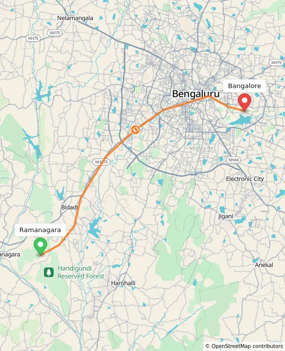 Route map showing distance and travel time from Ramanagara, India to Bangalore, India