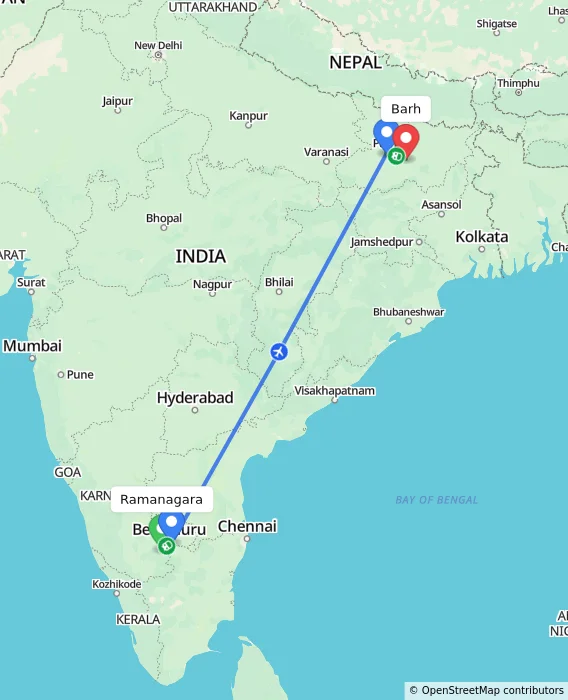 Route map showing distance and travel time from Ramanagara, India to Barh, India