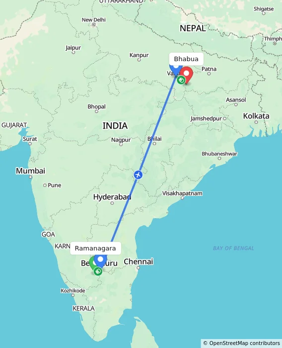 Route map showing distance and travel time from Ramanagara, India to Bhabua, India