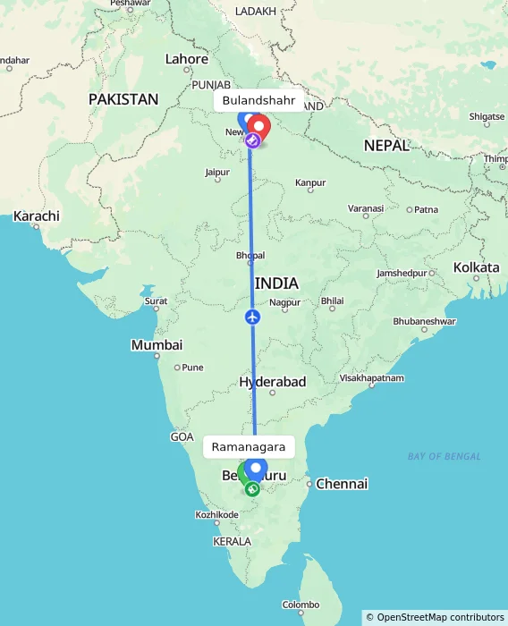 Route map showing distance and travel time from Ramanagara, India to Bulandshahr, India