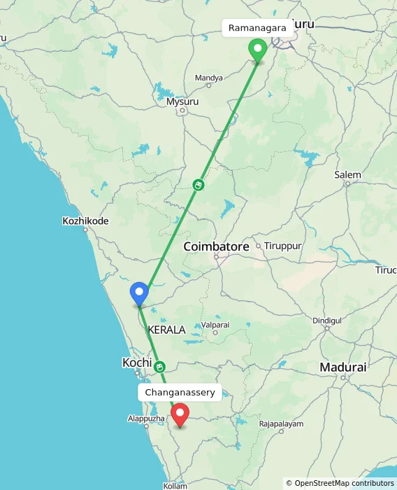 Route map showing distance and travel time from Ramanagara, India to Changanassery, India