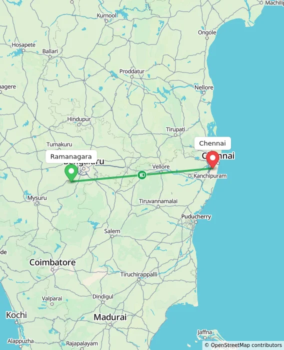 Route map showing distance and travel time from Ramanagara, India to Chennai, India