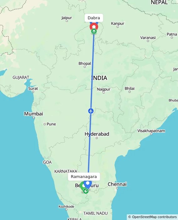 Route map showing distance and travel time from Ramanagara, India to Dabra, India